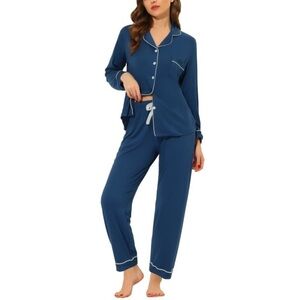 cheibear Women's Long Sleeves Pants Button Down Lounge Pajamas Set Blue new